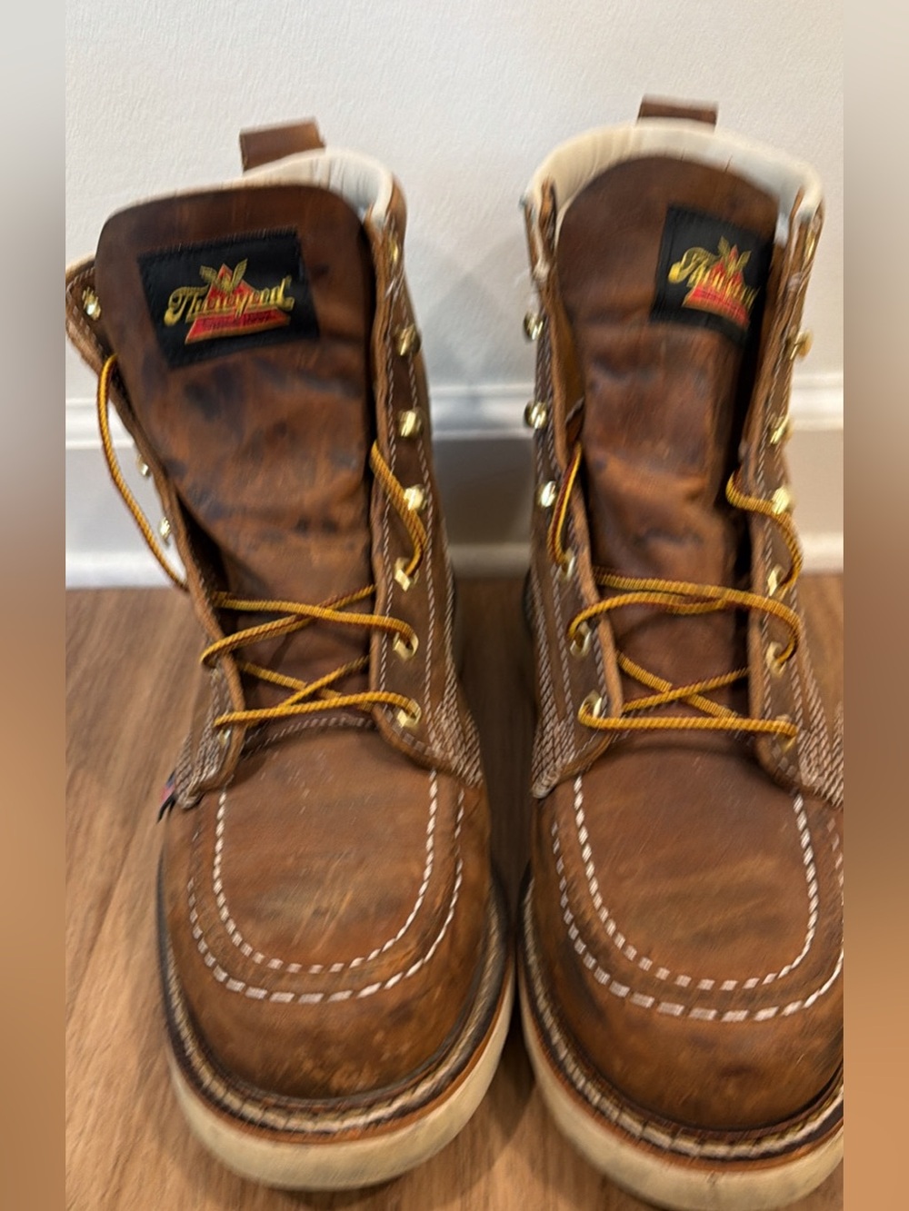 Thorogood Brown Leather Moc Toe Boots with Yellow Laces